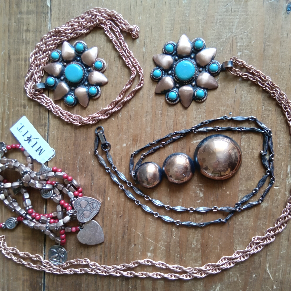 Turquoise and Solid Copper Flower Necklace 4 Pieces